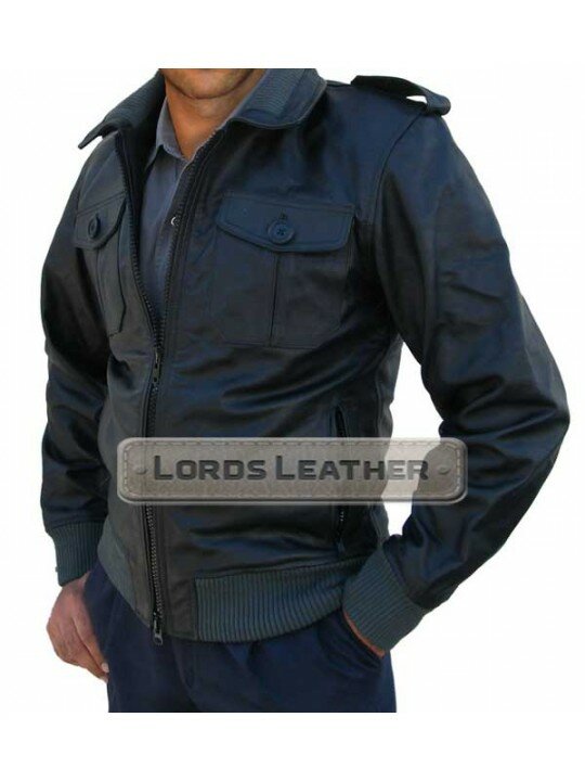 Man Black Bomber leather Jacket, Fashion Leather Jacket