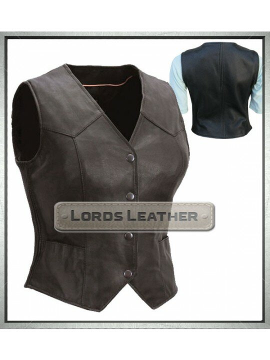 Ladies Elastical Side Black Leather Touring Vest (Chinni)